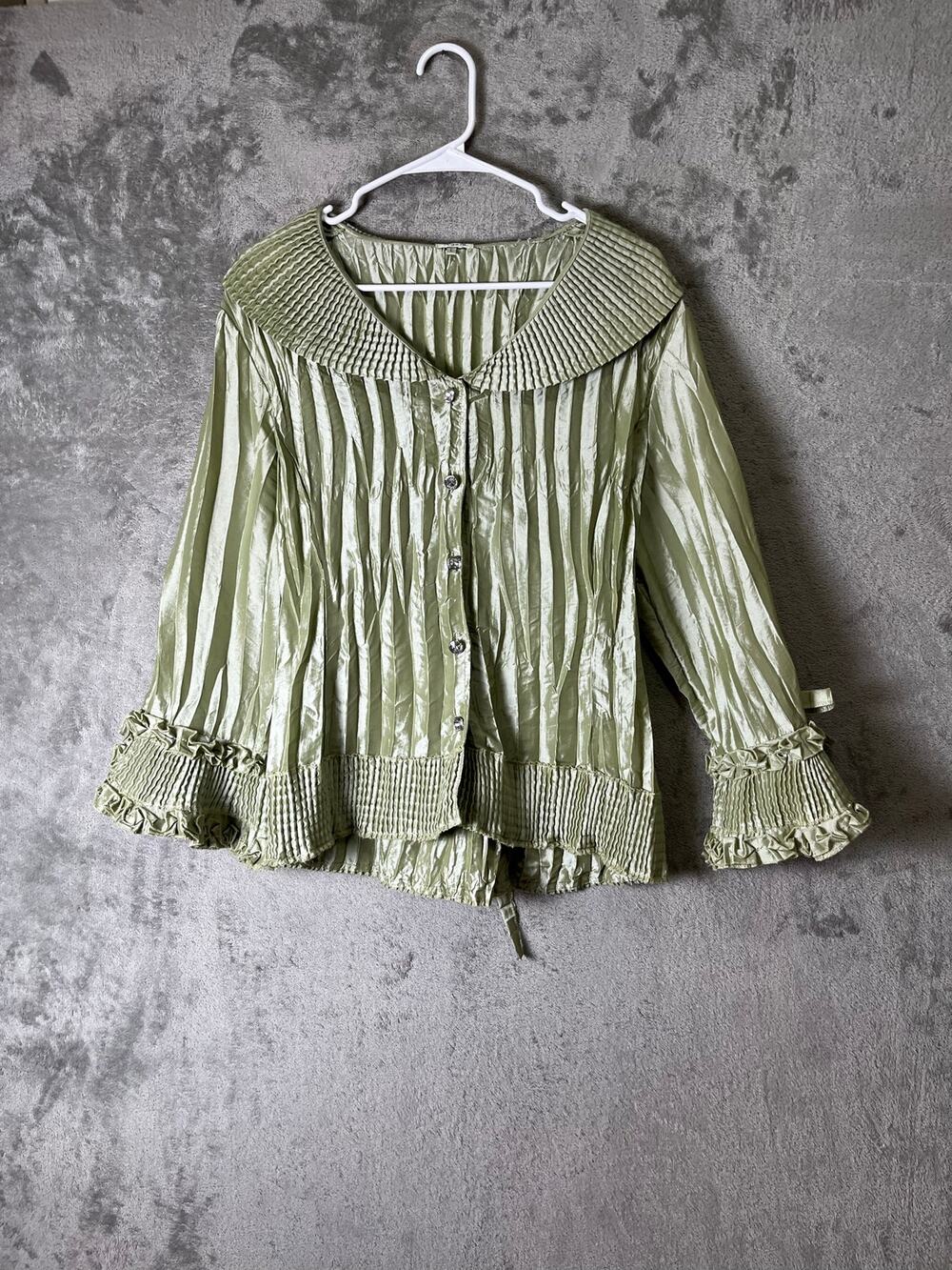 Vintage Sage Green Pleated Ruffle Blouse Bell Sleeve Corset Back Large Edwardian